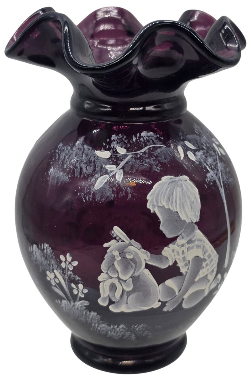Fenton Mary Gregory Aubergine Purple Vase Limited Edition "A Boy And His Dog"